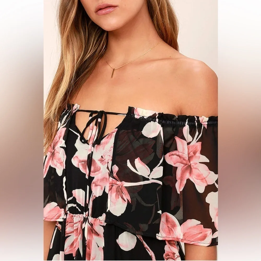 Lulus Infinite Love‎ Black Floral Print Off-the-Shoulder Maxi Dress Sz Small